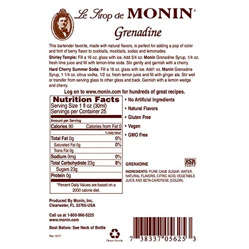 Monin - Grenadine Syrup, Delightfully Sweet, Cranberry-Raspberry Aroma, Natural Flavors, Great for Cocktails, Mocktails, & Smoothies, Non-GMO, Gluten-
