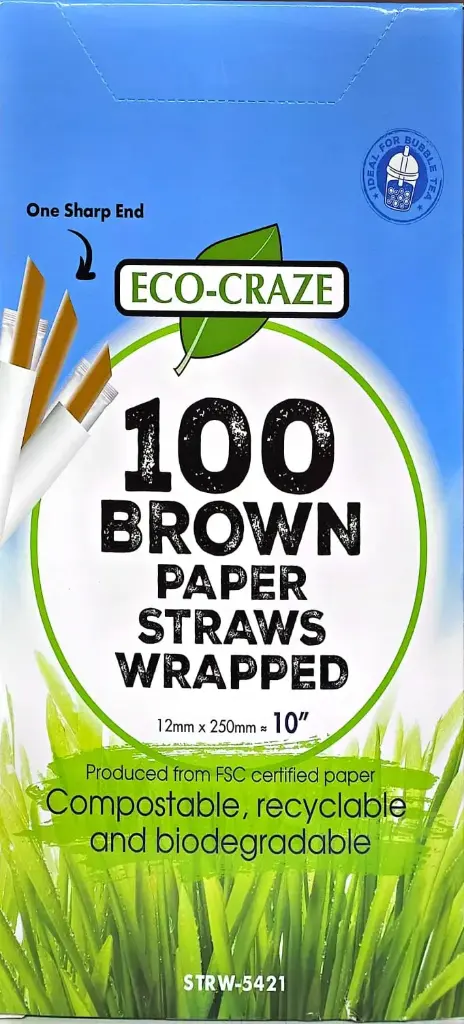 ECO CRAZE 100 BROWN PAPER STRAW WRAPPED-10" 12 MM x 250 MM-1 x 100 PC