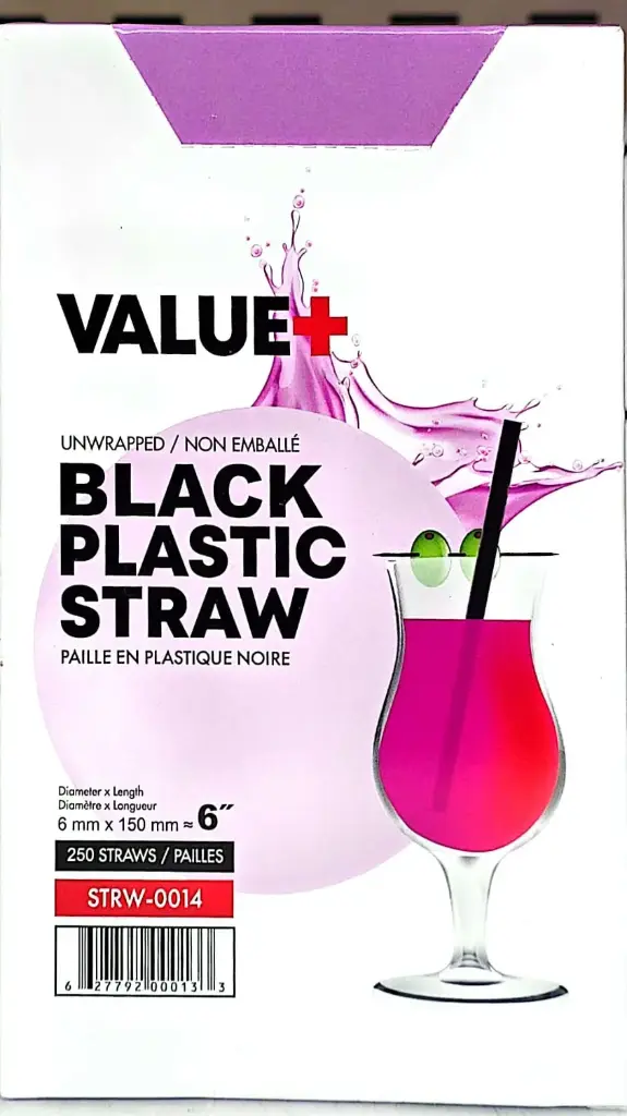 Value+ - 6" Black Plastic Cocktail Straws - 6mmx150mm - 250 - pack