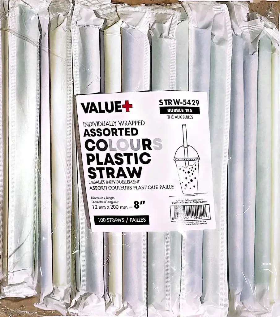 VALUE + ASSORTED COLOURS PLASTIC STRAW 8" 12mm X 200mm (100 PC)
