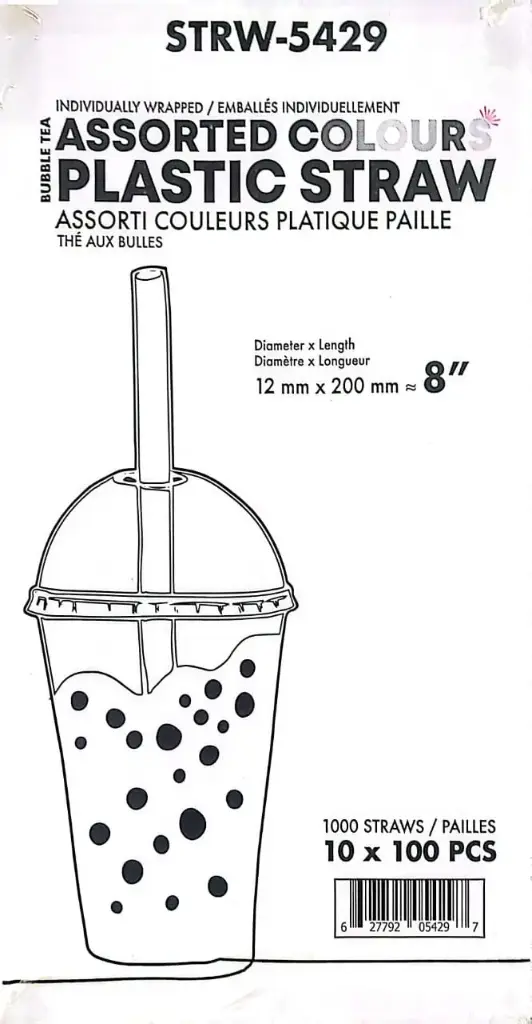 Value+  - 8" Assorted Bubble Tea Straws - Individually Wrapped -12mmx200mm - 10x100 - Case