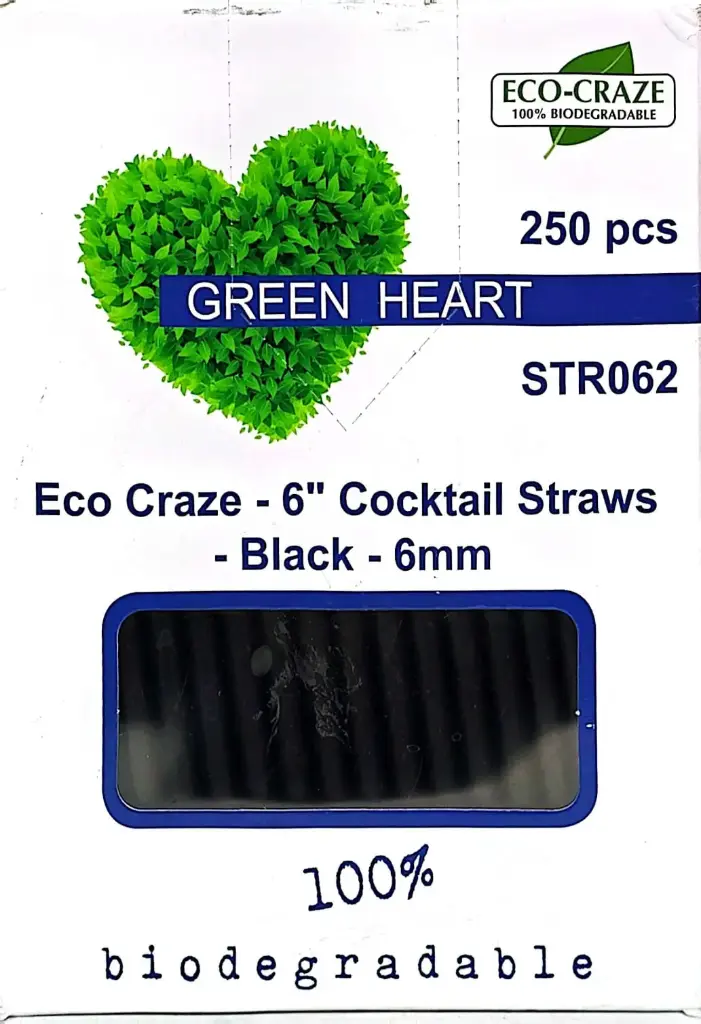 ECO CRAZE GREEN HEART-COCKTAIL STRAWS BLACK-(250 PC)