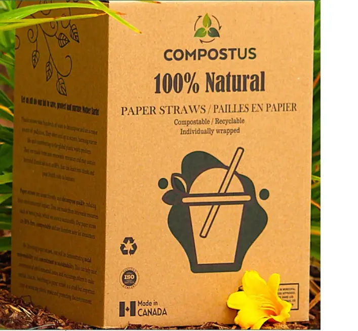Compostus Paper Straws Black and White- 8mm X 7.75" 4 Layers-100 PC- Each