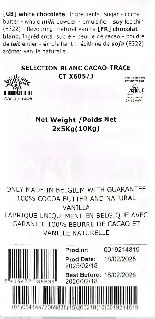 Belcolade Belgian  Chocolate Blanc-1x2 -5Kg