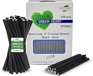 Eco Craze -  6" Black Cocktail Straws - 6 mm - 250 pcs - pack