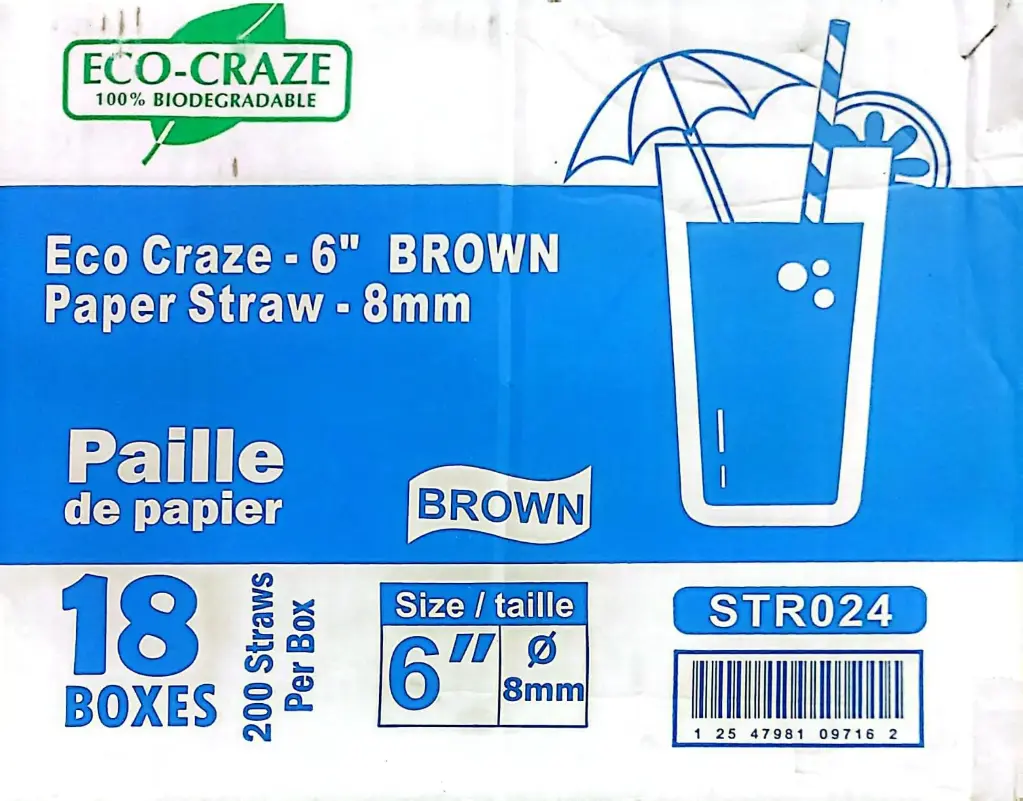 Eco-Craze  - 6" Paper Straws - Brown - Milkshake Straw - 8mm - 18 Ct - Case