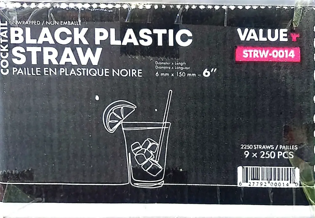 Value+ - 6" Black Plastic Cocktail Straws - 6mmx150mm - 9x250 - Case