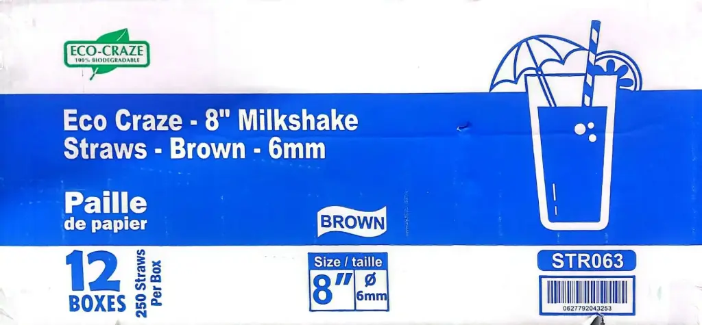 Eco-Craze - 8" Drinking Paper Straws - Brown - 6mm - 12 Ct - BOX