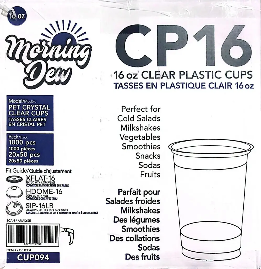 Morning Dew - 16 oz Clear Plastic Cups - 1000 Pcs - Case
