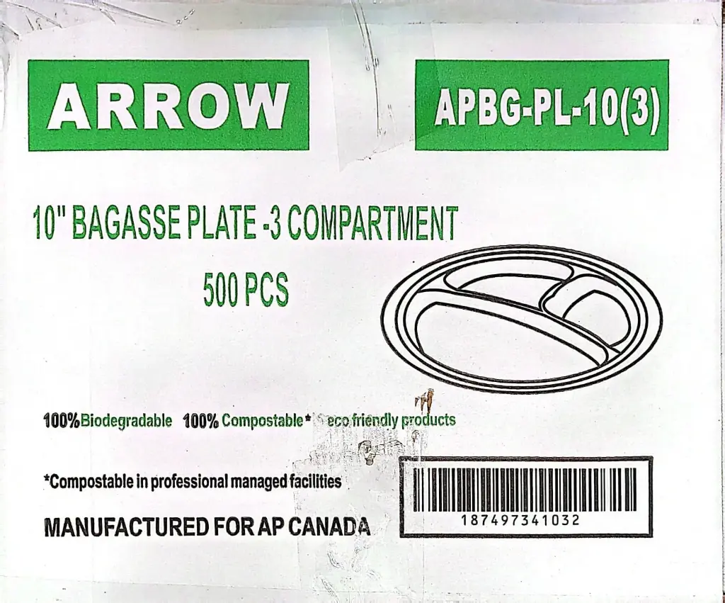 PLT10 - Arrow APBG-PL-10" Bagasse Plate-3 Compartment-1x500 PC
