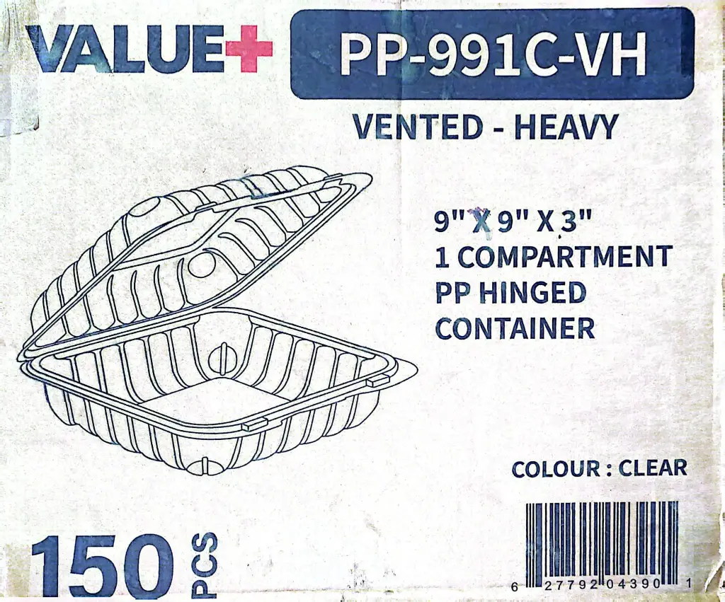 Value+ 1 Compartment PP Hinged Container-9"9"3-1x150 PC