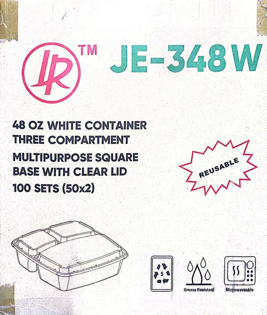 IR-JE 348 W-48oz White Container-3 Compartment-Square Base With Clear Lid-50x2