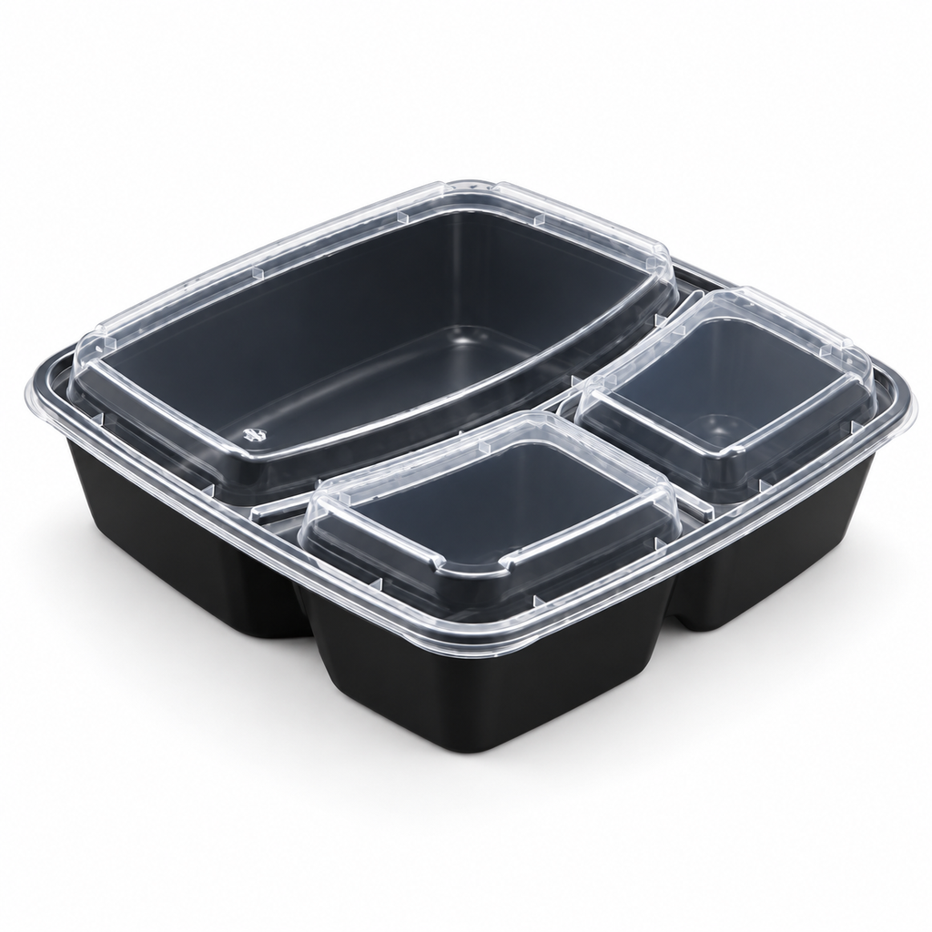 IR-JE 348 W-48oz White Container-3 Compartment-Square Base With Clear Lid-50x2