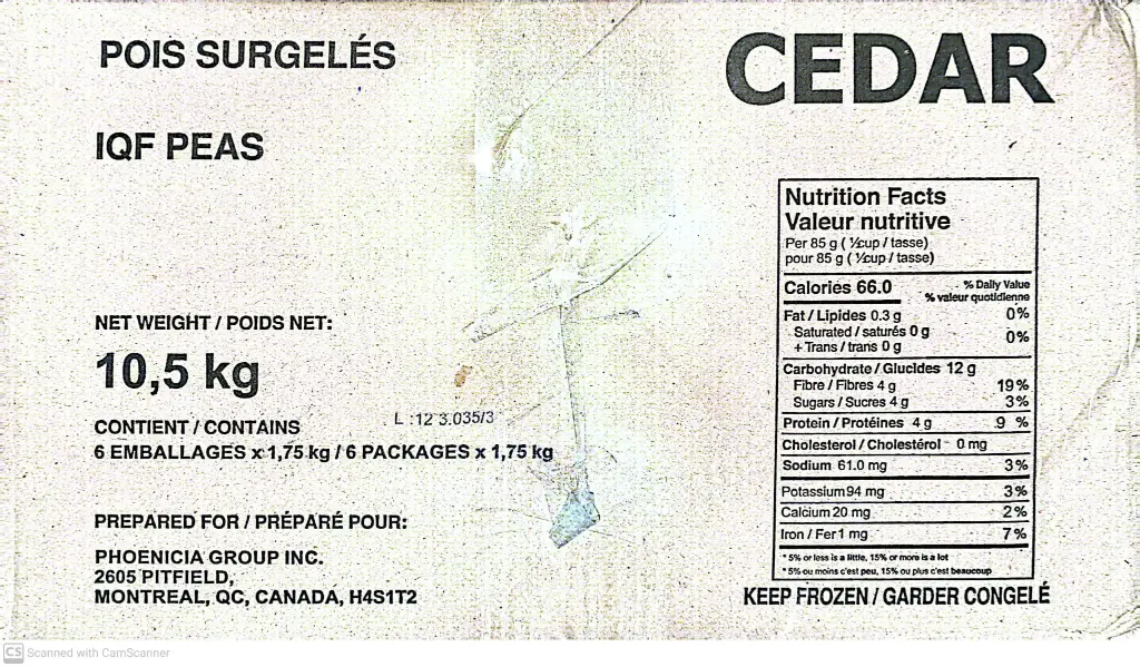 Cedar Frozen Peas (IQF) - 6x1.75 Kg