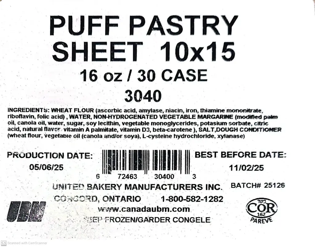 United Bakery - Puff Pastry Sheets - 16 oz - 10x15 - 30 Ct