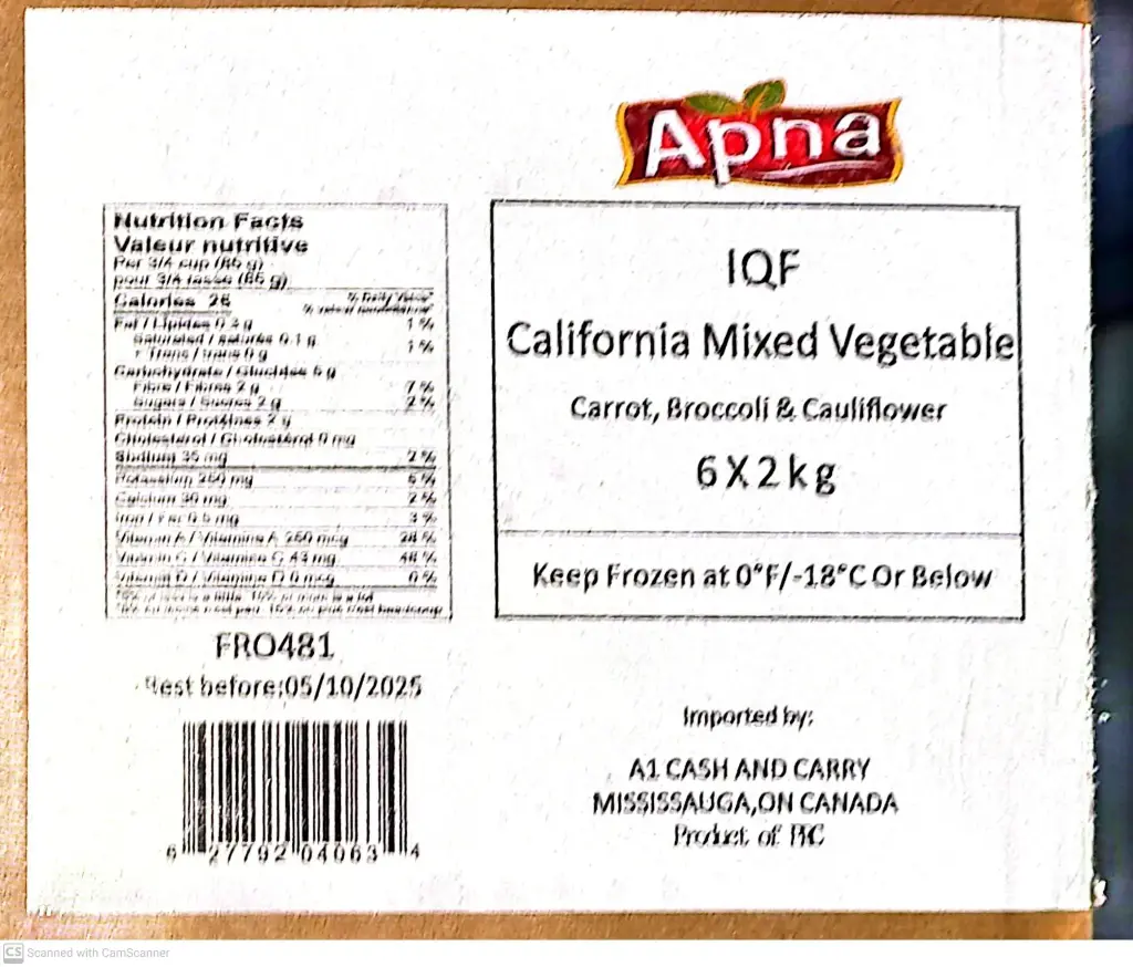 Apna IQF California Mixed Vegetable-6x2Kg