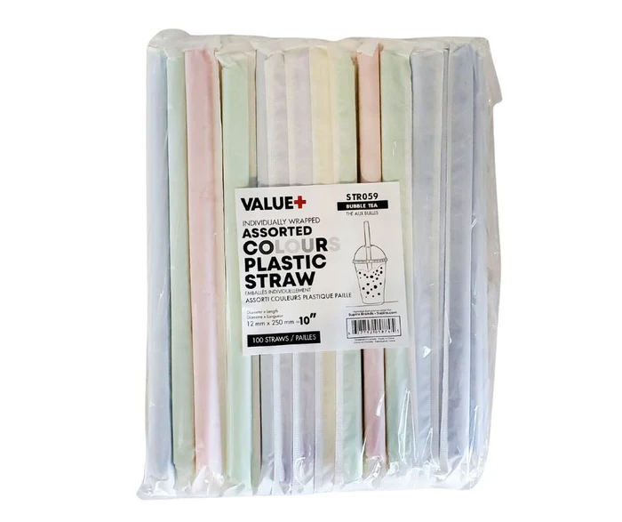 Value+ 10" Plastic Bubble Tea Straw - Sharp End - Ind. Paper Wrapped - Multi-Colour - 12mm - 9x100