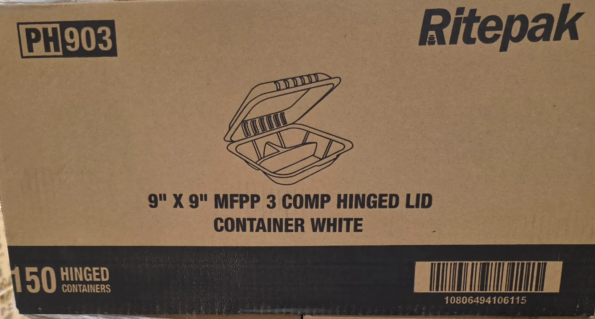 RitePak - MFPP Hinged Lid Container - White - 9x9 3-Compartment - 150 pcs - Case