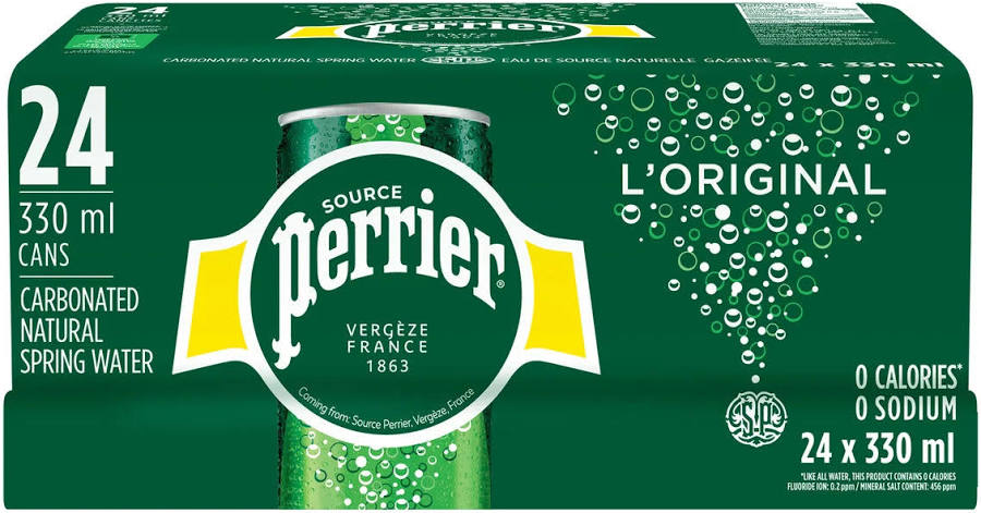 Perrier Original Carbonated Natural Spring Water 330ml (Pack of 24 Cans)