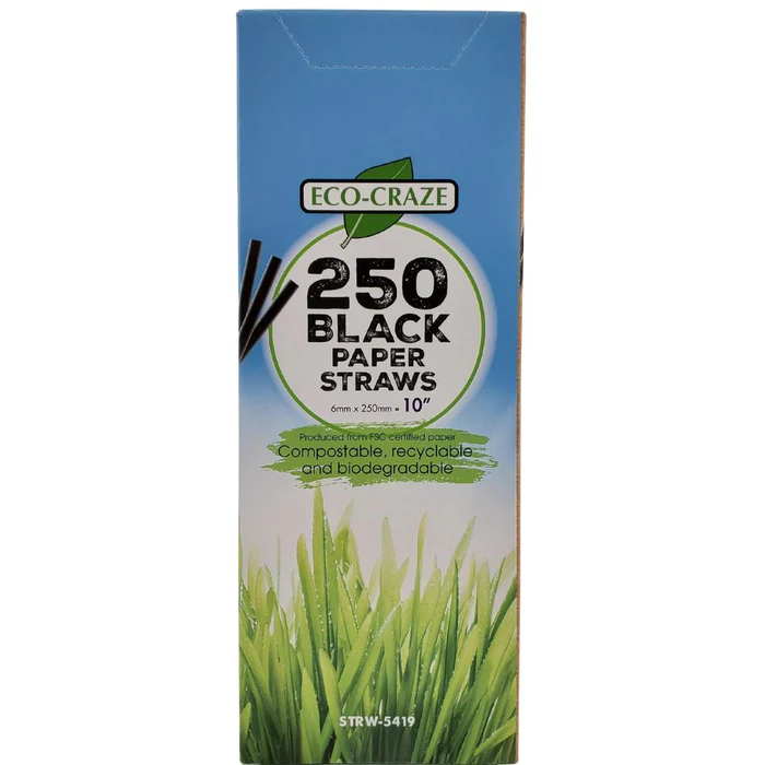 EcoCraze - 10" Milkshake Straws - Paper - Black - 6mm- 250ct