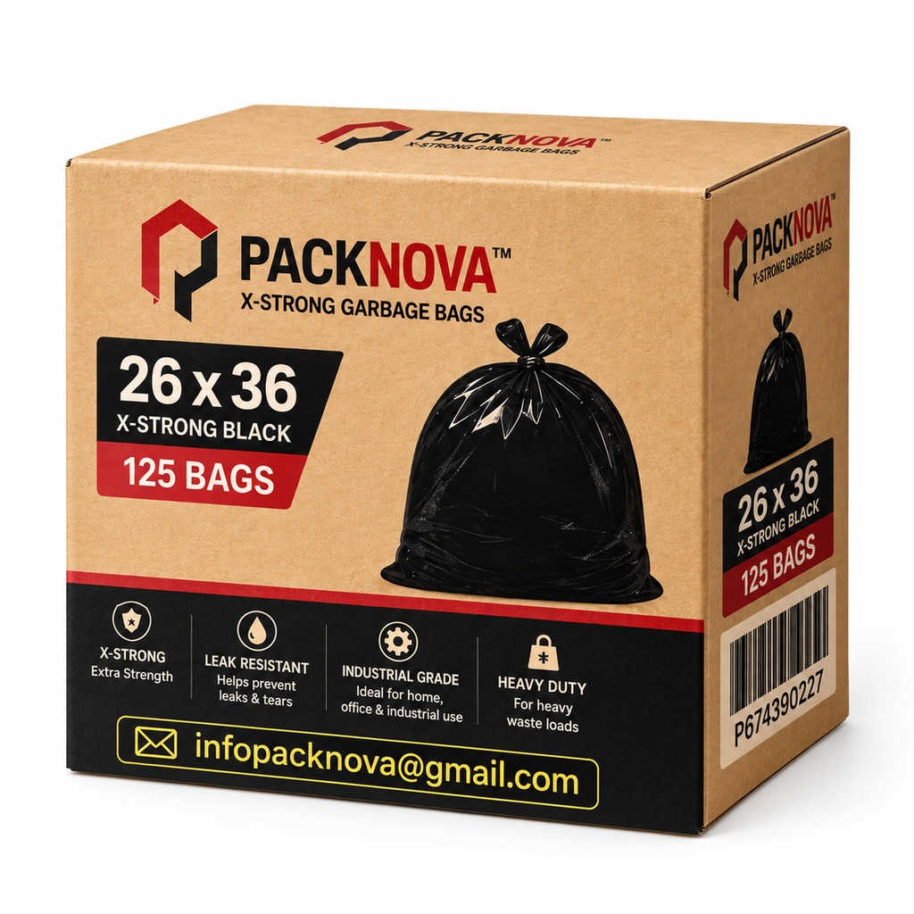 [GBG2636] Packnova - Black Garbage Bags - X-Strong - 26x36 - 125 Ct - Case