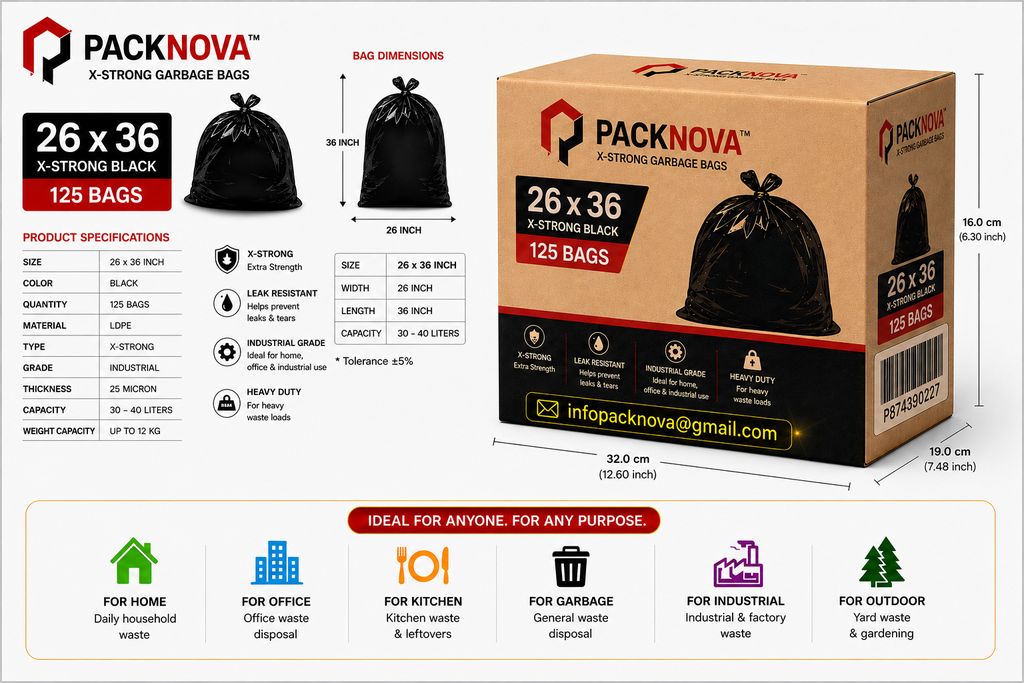 Packnova X-Strong Black Garbage Bags 26 x 36 inches - 125 Count