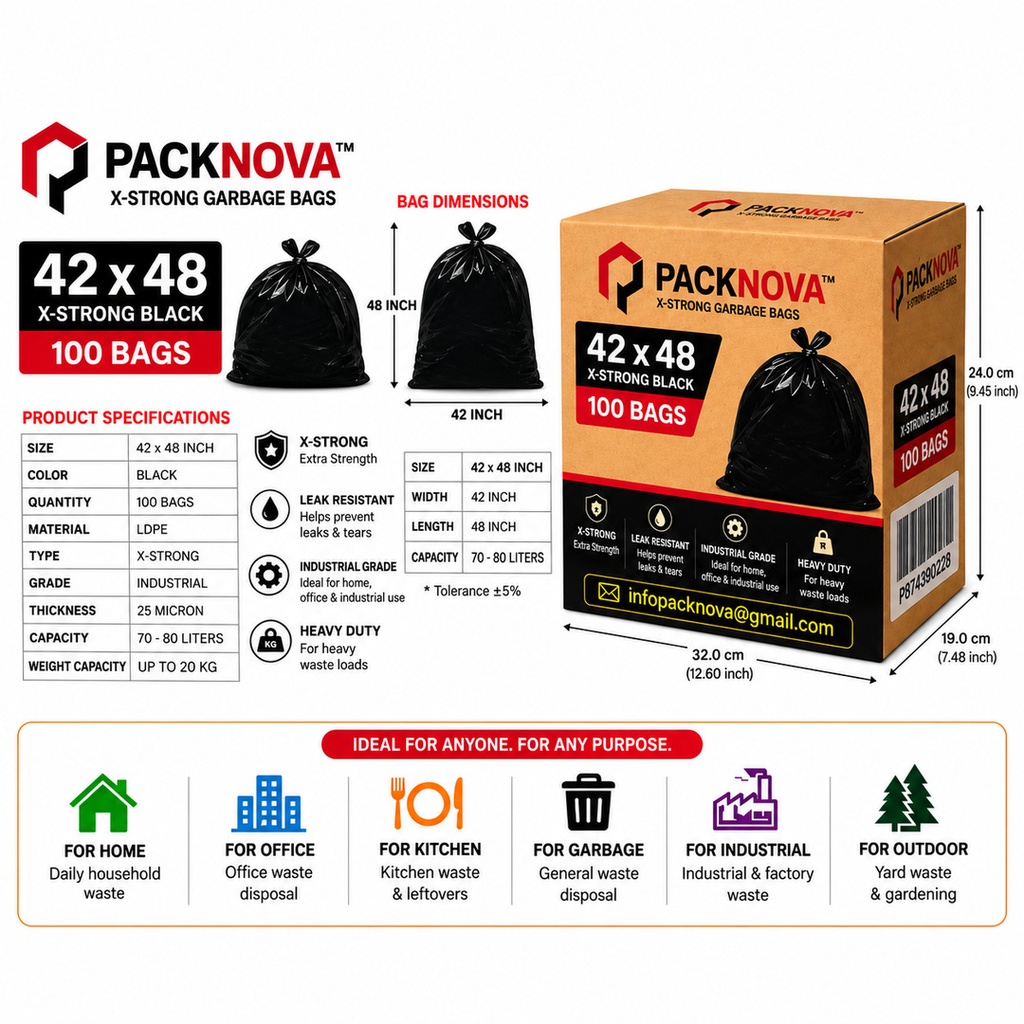 [GBG4248] Packnova - Black Garbage Bags - X-Strong - 42x48 - 100 ct - Case