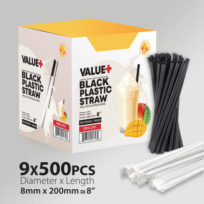 Value+ - 8" Black Plastic Milkshake Straws - Individually Wrapped - 8 mm x 200 mm - 500 pcs  - Pack