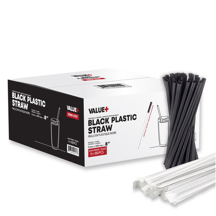 Value+ - 8" Black Plastic Milkshake Straws - Individually Wrapped - 8 mm x 200 mm - 9 x 500 pcs  - Case