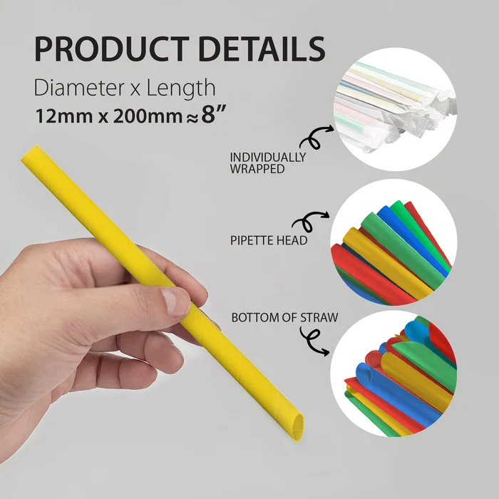 Value+ - 8" Assorted Colours Plastic Bubble Tea Straws- Individually Wrapped - 12 mm x 200 mm - 100 pcs - Pack