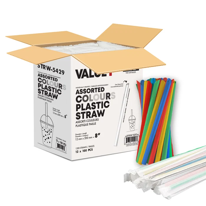 [STRV010-10] Value+ - 8" Assorted Colours Plastic Bubble Tea Straws - Individually Wrapped - 12 mm x 200 mm - 10 x 100 pcs - Case
