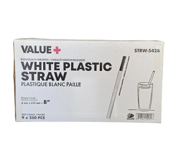 [STRV001-9] Value + - 8" White Plastic Straws - Drinking  - Individually Wrapped - 6mm - 9x250Ct - Case