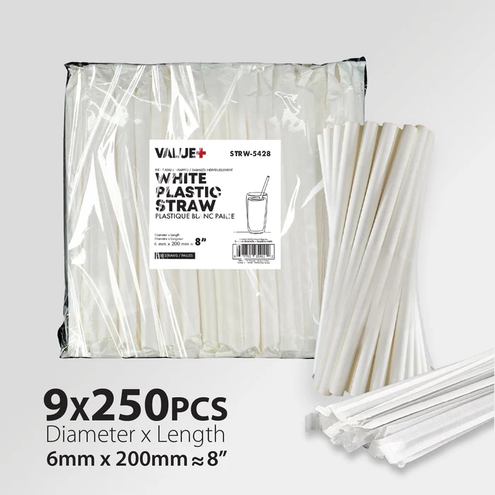Value + - 8" White Plastic Straw - Drinking - Individually - 6mm - 250Ct - Each