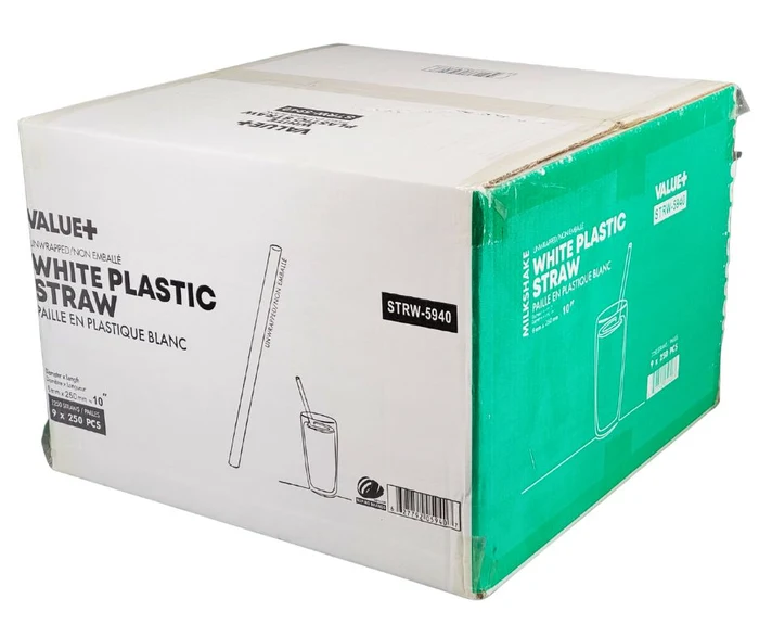 [STRE002-9] Value+ - 10'' White Plastic Drinking Straws - Individually Wrapped  - 6mm - 9x250 Ct - Case