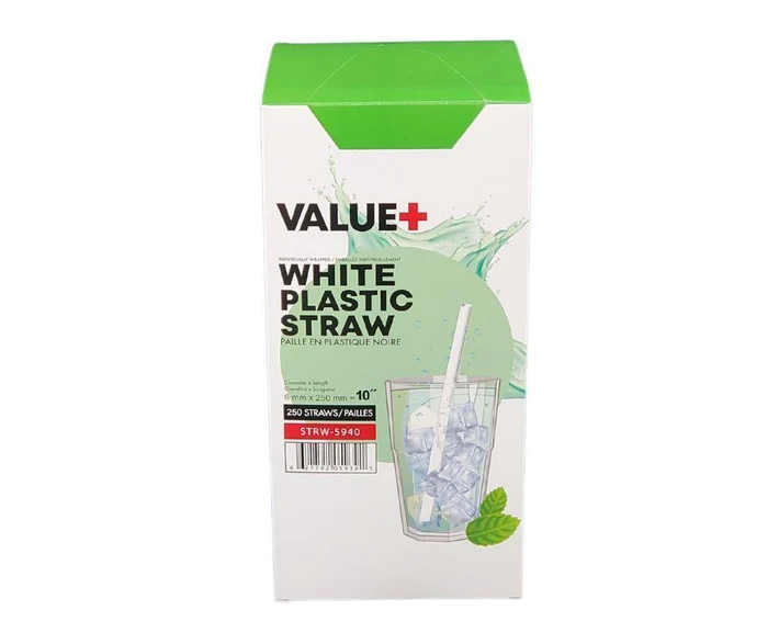 [STRE002] Value+ - 10'' White Plastic Drinking Straws - Individually Wrapped  - 6mm - 250 Ct - Each